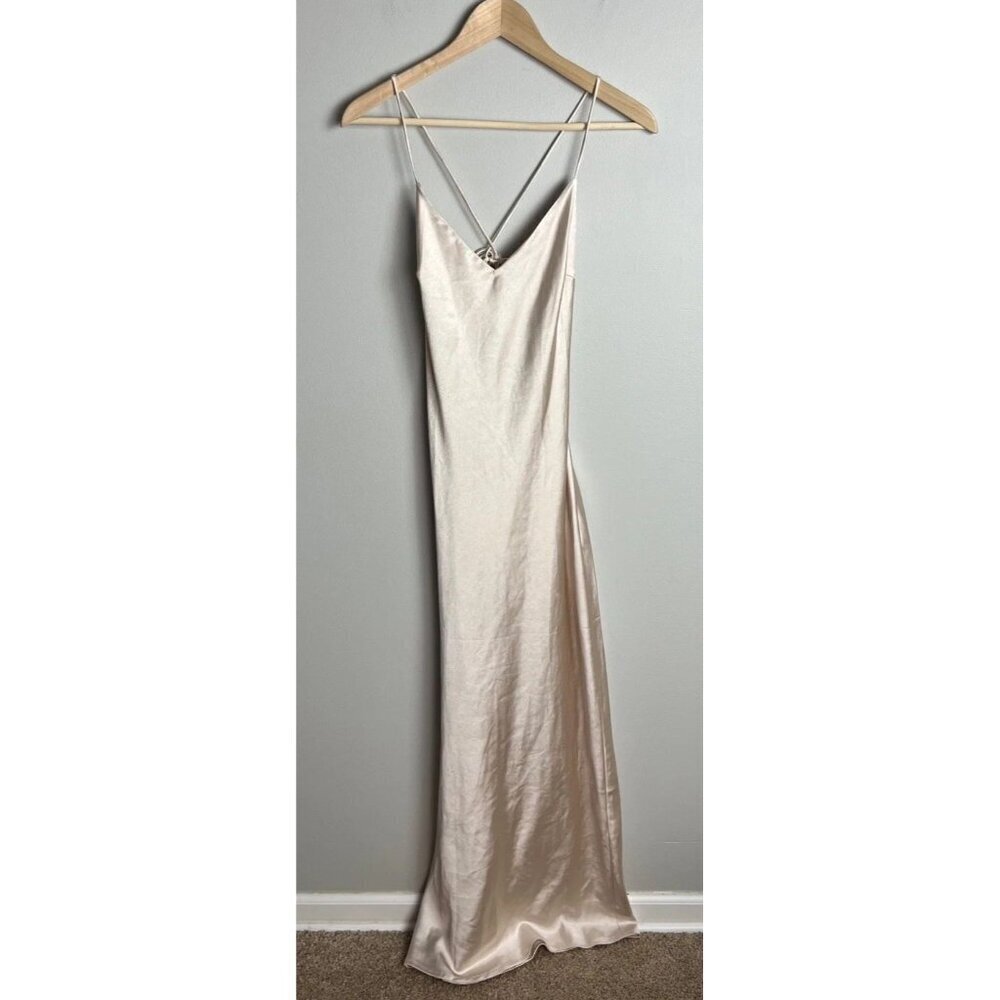 Charcoal Strappy Satin Cream Maxi Dress Wedding Guest Cocktail Size 8 Women’s